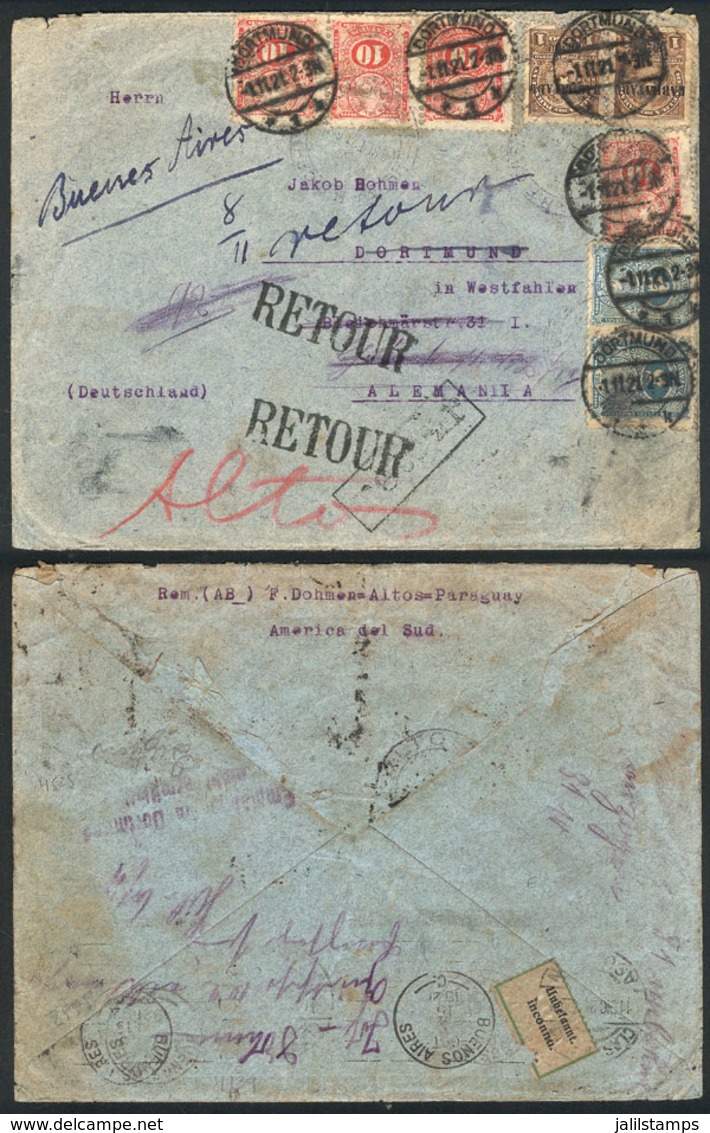 PARAGUAY: 20/SE/1921 ALTOS - Germany, Cover Returned To Sender, With Double Paraguay-German Cancellation Over The Postag - Paraguay