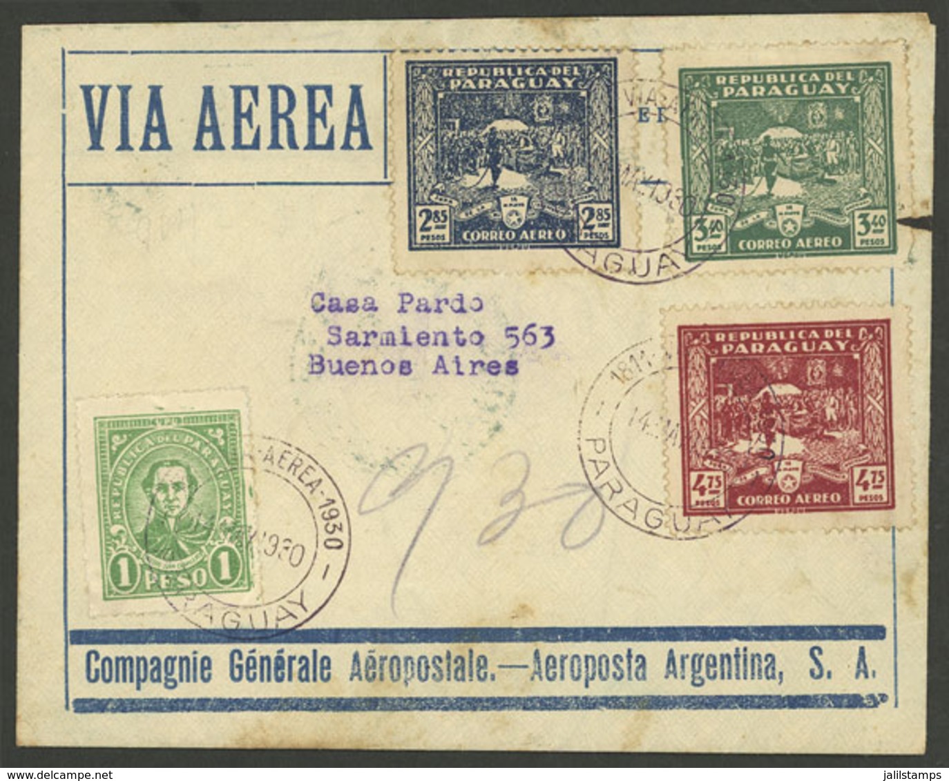 PARAGUAY: 14/MAY/1930 Asunción - Buenos Aires, Airmail Cover Flown By Aeroposta Argentina S.A. (subsidiary Of The C.G.A. - Paraguay