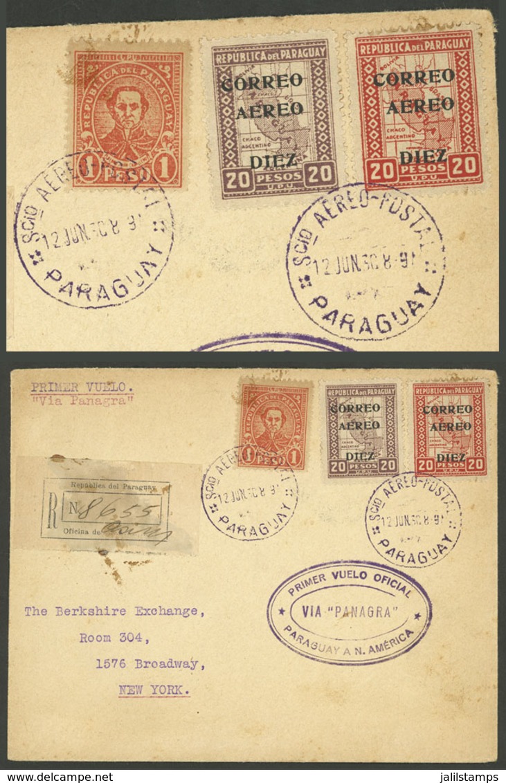 PARAGUAY: 12/JUN/1930 Asunción - New York, PANAGRA First Official Flight, Registered Cover Franked By Sc.C34/5 + Another - Paraguay