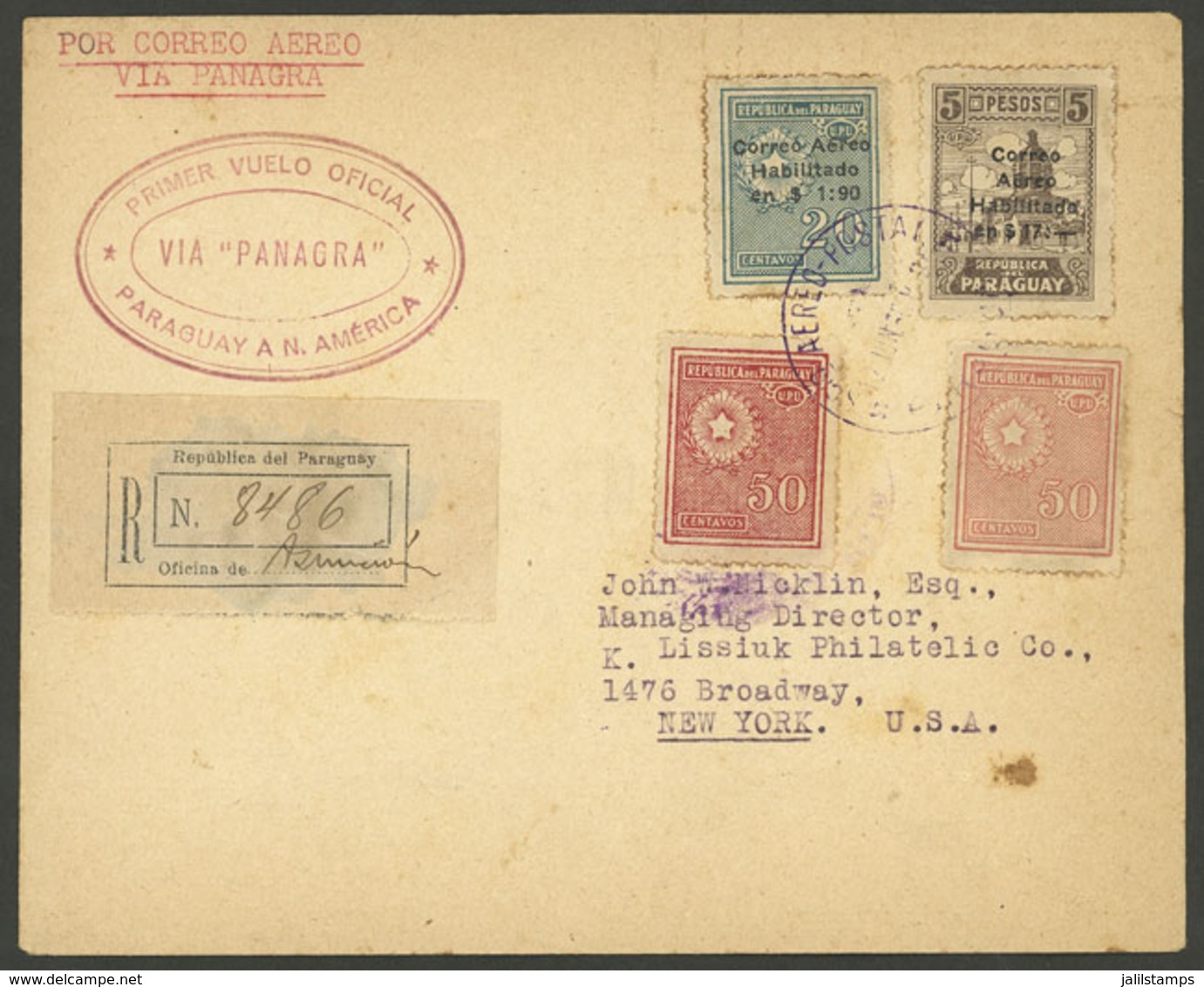 PARAGUAY: 12/JUN/1930 Asunción - New York, PANAGRA First Official Flight, Registered Cover With Arrival Backstamp Of 21/ - Paraguay