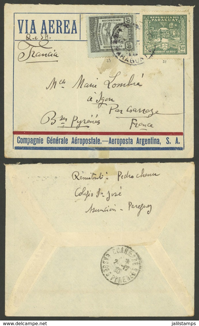 PARAGUAY: NO/1930 Asunción - France, Airmail Cover Carried By C.G.Aeropostale, Arrival Backstamp Of 2/DE, VF Quality! - Paraguay
