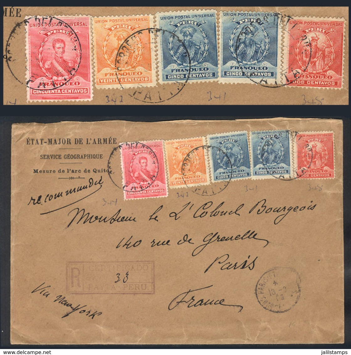 PERU: 13/JA/1905 Payta - France, Heavy Registered Cover Franked With 6 Single Rates (12c. X6) + 10c. For Registration, T - Peru