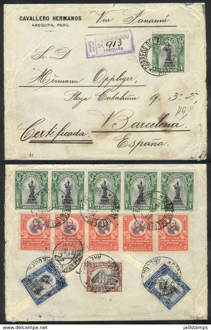 PERU: 19/AP/1908 Arequipa - Spain, Registered Cover With Nice Postage On Front And Back (total 36c., 2 Cents Over The 24 - Peru
