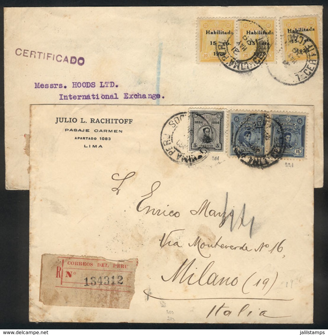PERU: 2 Covers Sent To Italy And England In 1926 And 1929, The Former Franked With 35c. (basic Rate Of 15c. Up To 20 Gra - Perú