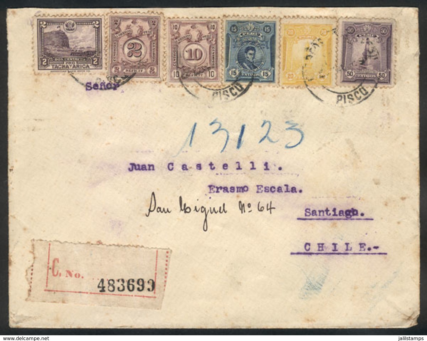 PERU: MAY/1929 Pisco - Santiago De Chile, Registered Cover With Very Nice Multicolor Postage That Includes POSTAGE DUE S - Peru