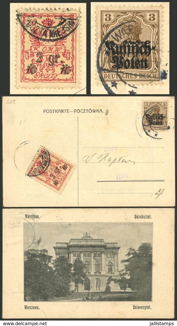 POLAND: Postcard With View Of The University Of Warzawa And Good Postage Of Overprinted Stamps, VF Quality! - Otros & Sin Clasificación