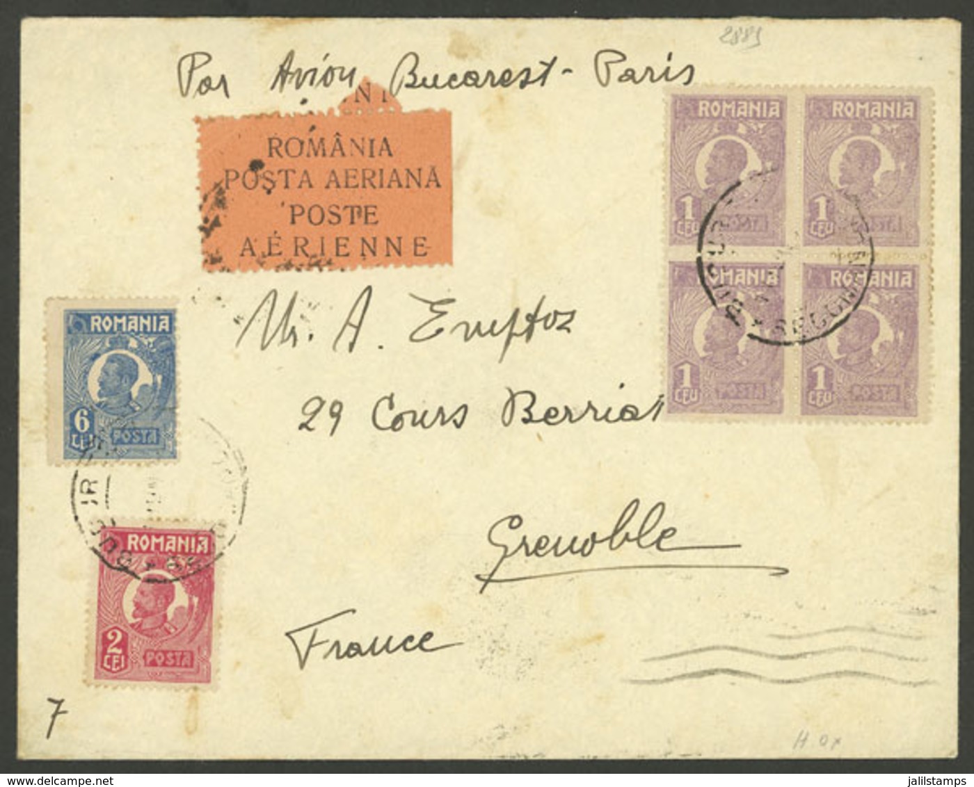 ROMANIA: 14/JUN/1924 Bucharest - France, Airmail Cover (by Plane To Paris), With Nice Airmail Etiquette And 12L. Frankin - Sonstige & Ohne Zuordnung