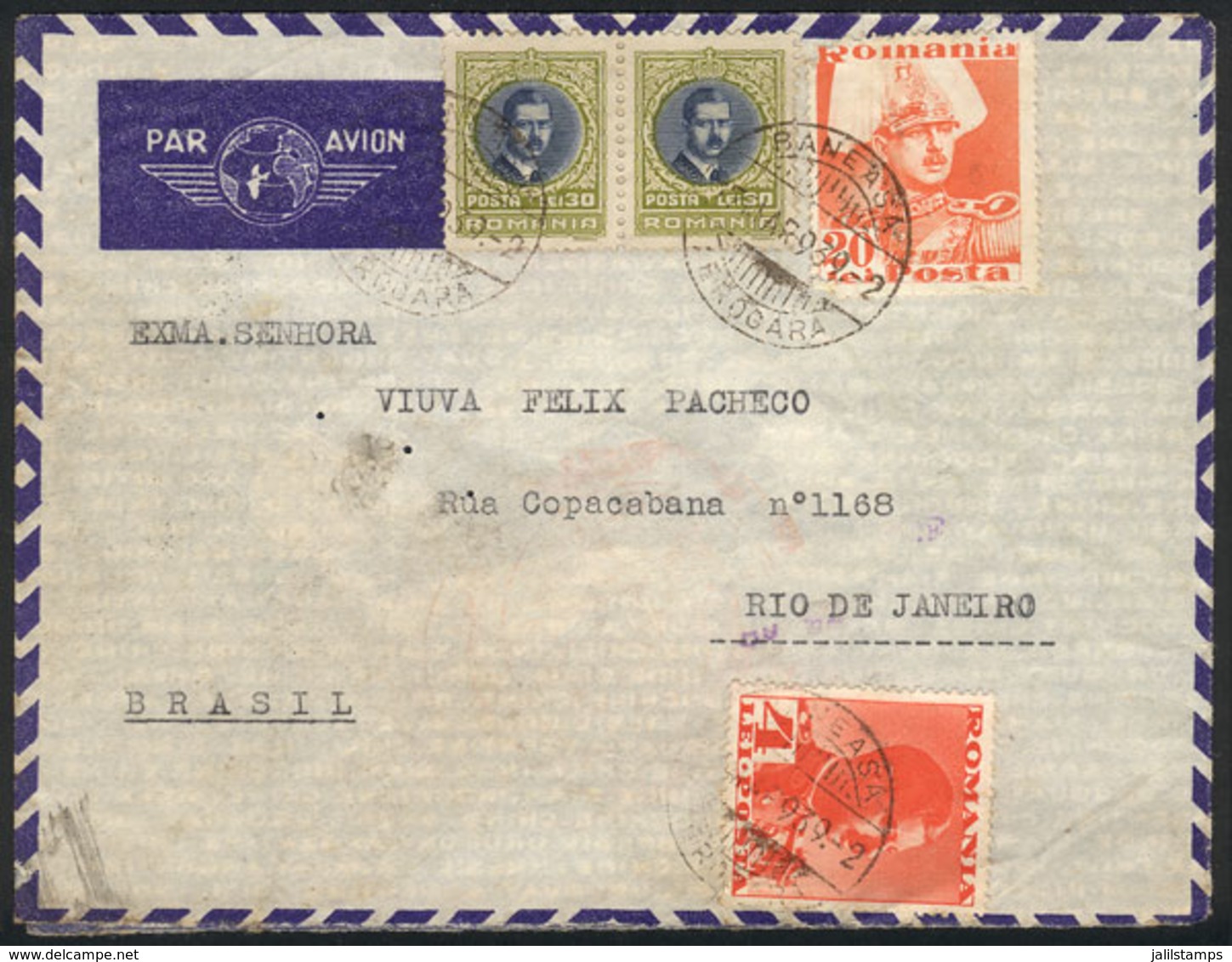 ROMANIA: Airmail Cover Sent From Baneasa To Rio De Janeiro On 17/MAR/1939 By Air France, Small Faults, Scarce Destinatio - Otros & Sin Clasificación