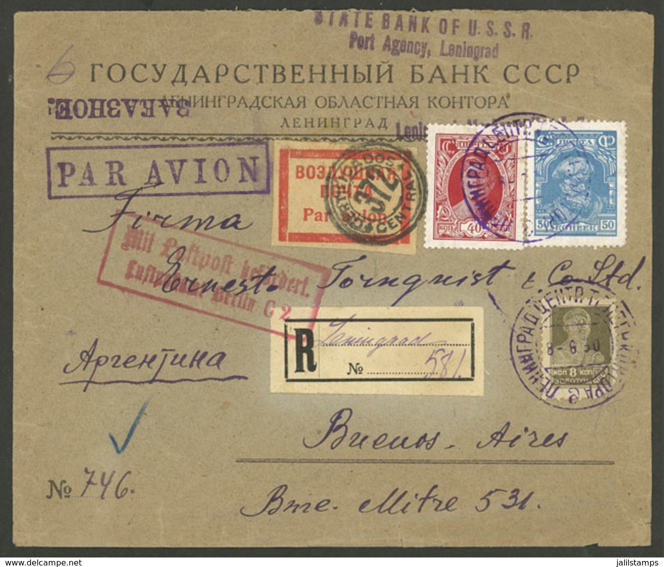 RUSSIA: 8/JUN/1930 Leningrad - Argentina, Registered Cover Sent By Airmail To Berlin (Germany) And Then By Surface Mail  - Otros & Sin Clasificación