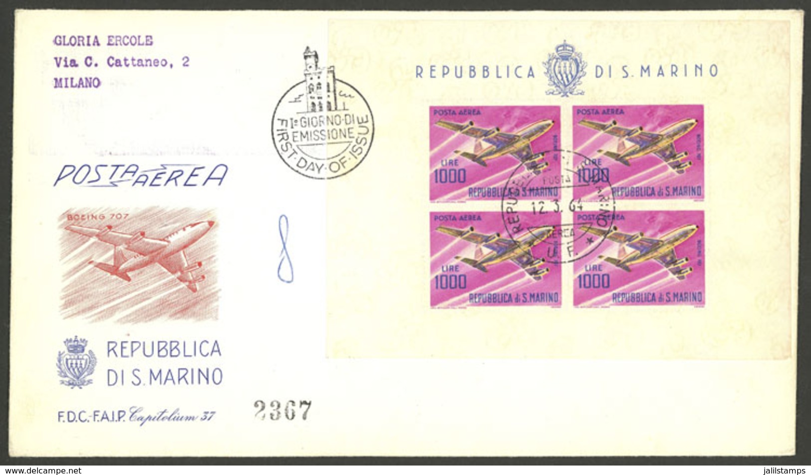 SAN MARINO: Sc.C128, Boeing 707 Plane In Sheet Of 4 On FDC Cover - Other & Unclassified