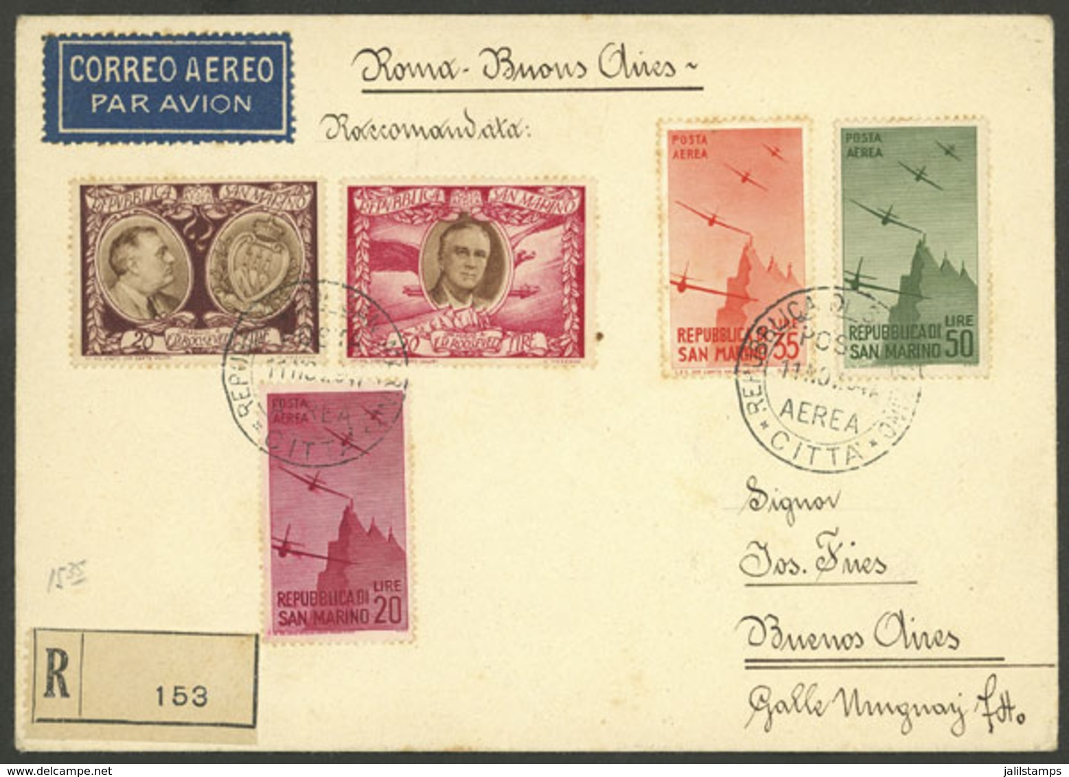 SAN MARINO: Registered Airmail Cover Sent To Buenos Aires On 11/NO/1947, Handsome Multicolor Postage Of 175L., With Tran - Otros & Sin Clasificación