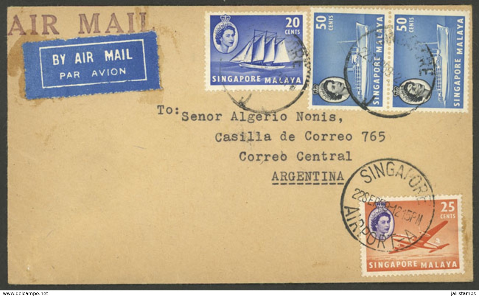 SINGAPORE: Airmail Cover Sent To Argentina On 22/SE/1959 With Nice Franking! - Singapore (1959-...)
