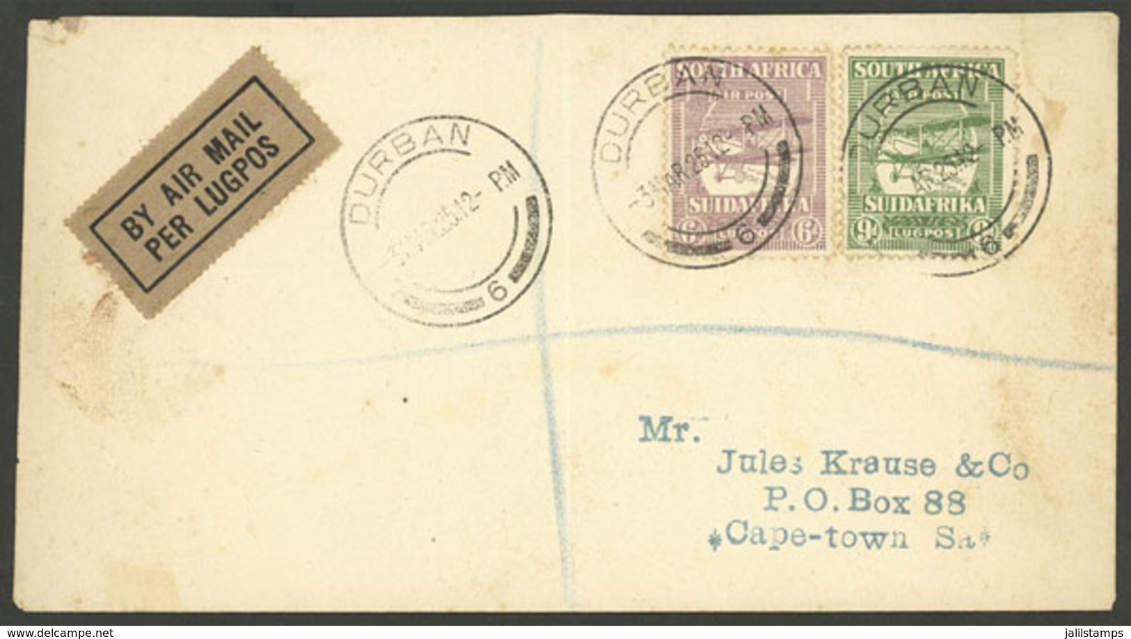 SOUTH AFRICA: 3/MAR/1925 Durban - Cape Town, First Flight, Cover Franked By Sc.CC3 + C4, Arrival Backstamp, Very Nice! - Sin Clasificación