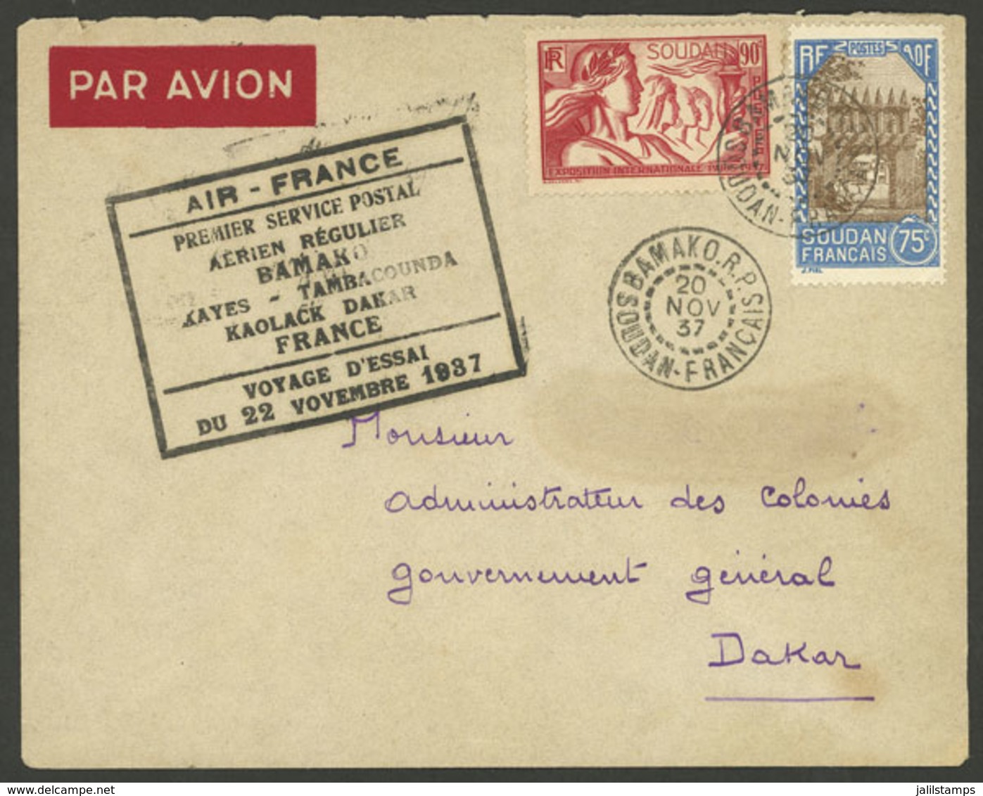 FRENCH SUDAN: 20/NO/1937 Bamako - Dakar, Air France First Flight, With Arrival Backstamp, VF Quality! - Sonstige & Ohne Zuordnung