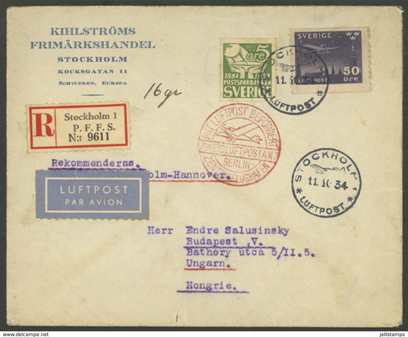 SWEDEN: 11/OC/1934 Stockholm - Hungary, Airmail Cover Sent By Germany DLH, On Back Transit Marks Of Berlin, Wien, And Bu - Otros & Sin Clasificación