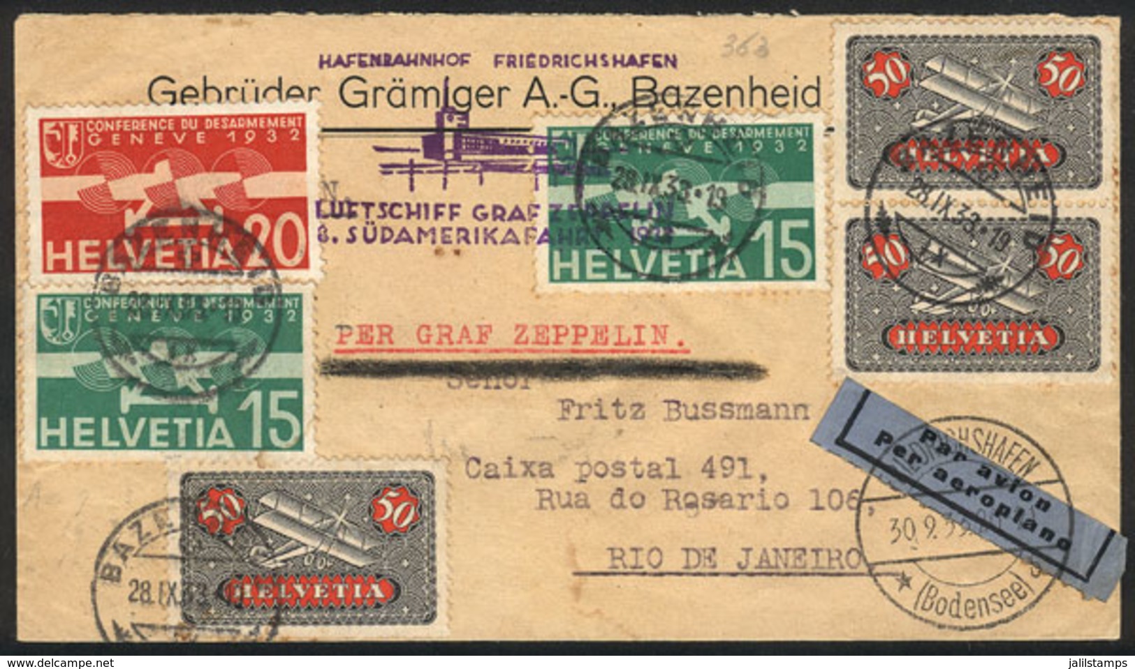 SWITZERLAND: Cover Flown By ZEPPELIN, Sent From Bazenheid To Rio De Janeiro On 28/SE/1933, Transit Mark Of Friedrichshaf - Otros & Sin Clasificación