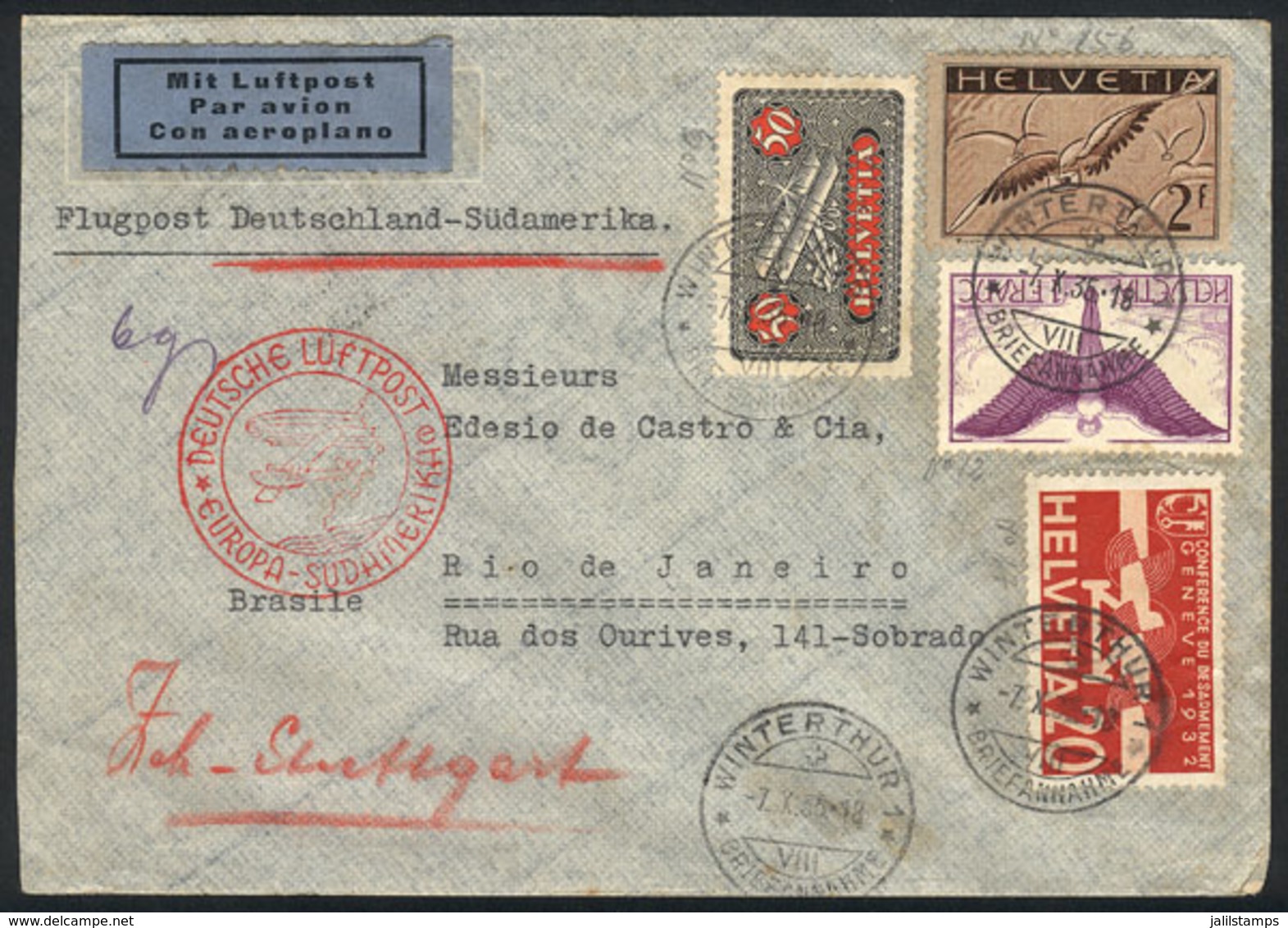 SWITZERLAND: Airmail Cover Sent From Winterthur To Rio DeJaneiro On 7/OC/1935 Via Germany DLH, With Nice Postage Of 3.70 - Otros & Sin Clasificación