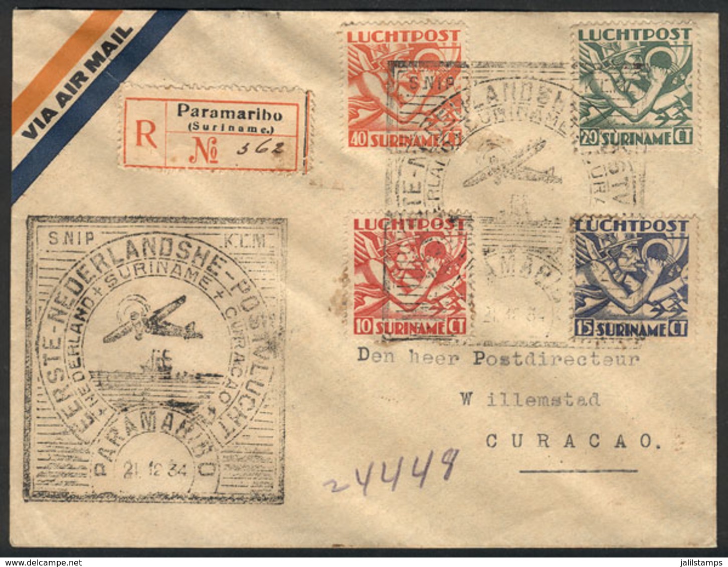 SURINAME: 21/DE/1934 Paramaribo - Willemstad (Curaçao): First Flight, Registered Cover With Nice Postage And Special Mar - Surinam