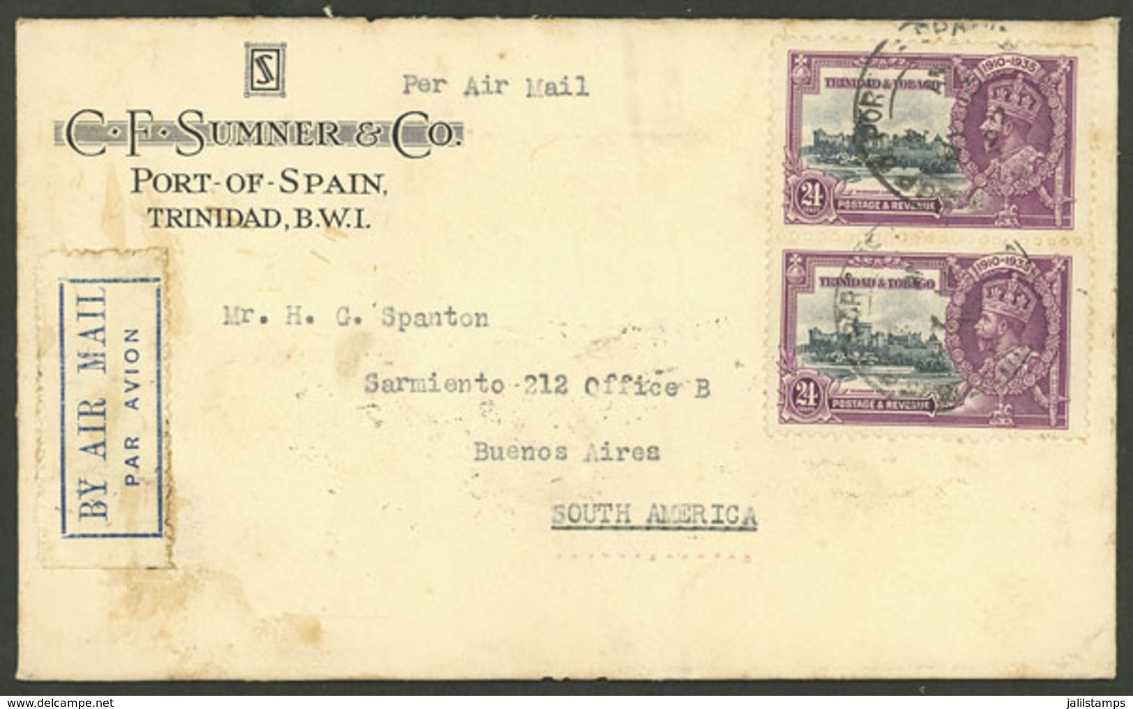 TRINIDAD AND TOBAGO: 15/JUL/1935 Port Of Spain - Argentina, Registered Airmail Cover Franked With Pair Sc.46, Arrival Ba - Trinidad & Tobago (...-1961)