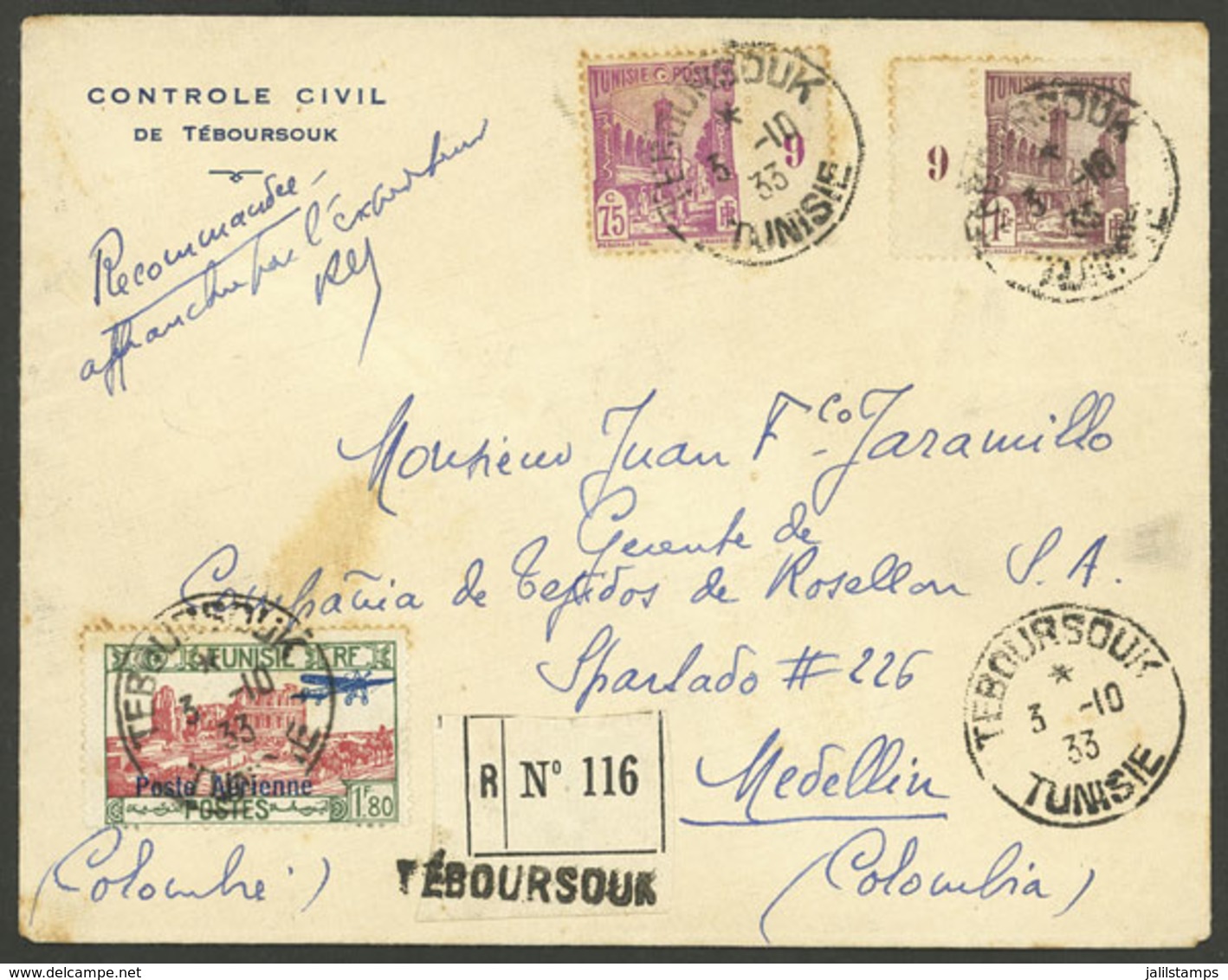 TUNISIA: 3/OC/1933 Téboursouk - Colombia, Registered Airmail Cover Franked With 3.55Fr., Arrival Backstamp Of Medellin 6 - Tunisia (1956-...)