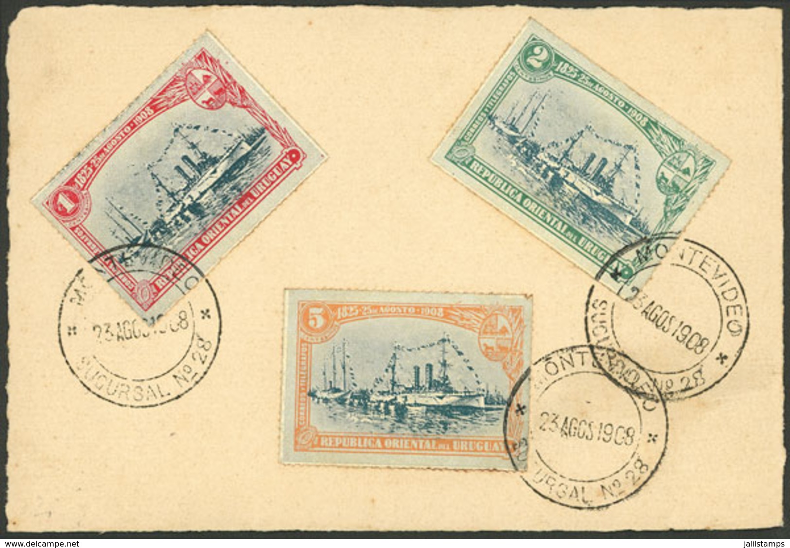 URUGUAY: Set Sc.174/6 (battle Ship Montevideo) On The Back Of A Wedding Card, With First Day Postmark, VF Quality! - Uruguay