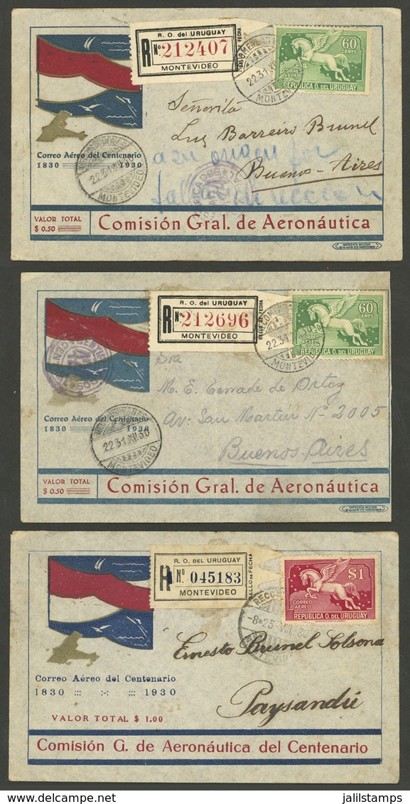 URUGUAY: 3 Special Covers Flown In 1930, "Airmail Of The Centenary", Very Nice!" - Uruguay