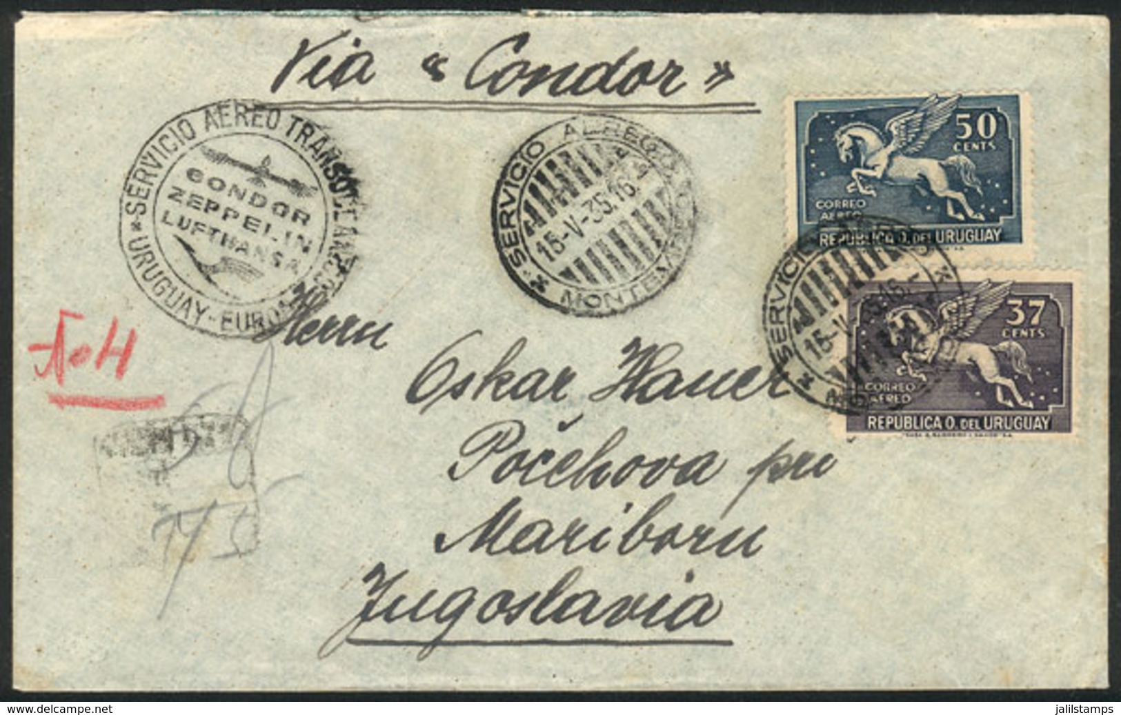 URUGUAY: Airmail Cover Sent To Yugoslavia On 15/MAY/1935 Franked With 87c., VF Quality, Unusual Destination! - Uruguay