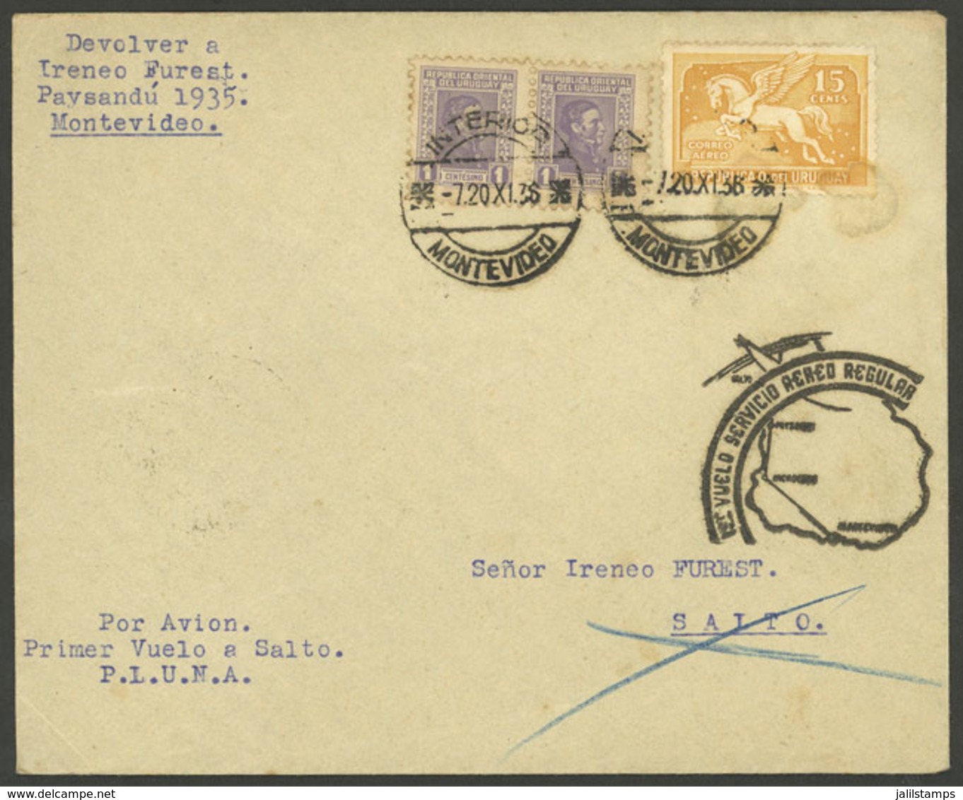 URUGUAY: 20/NO/1936 Montevideo - Salto, PLUNA First Flight, Cover Of VF Quality With Arrival Backstamp - Uruguay