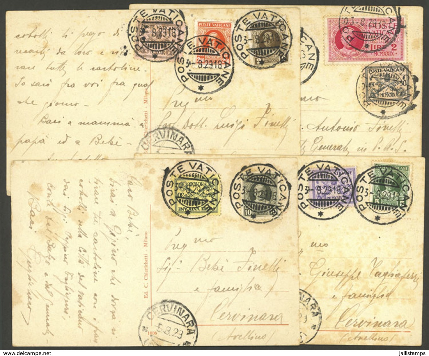 VATICAN: 4 Postcards Sent To Cervinara On 3/AU/1929, Franked With The High Values Of The 1929 Issue (Sc.11, 12, 13, Y E1 - Otros & Sin Clasificación
