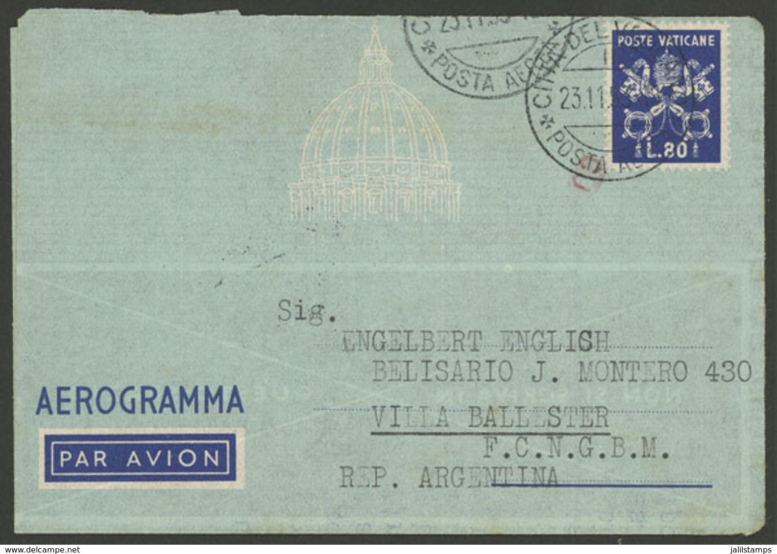 VATICAN: 80L. Aerogram Sent To Argentina On 23/NO/1953, VF - Otros & Sin Clasificación