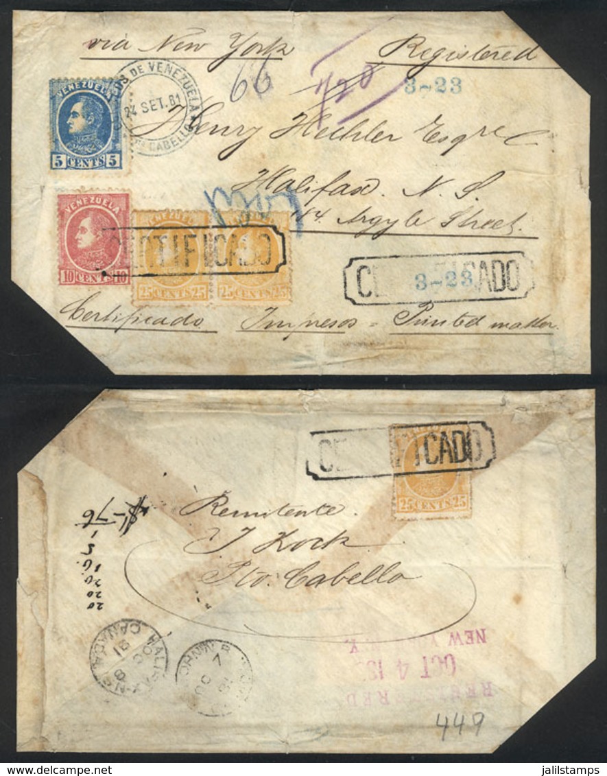 VENEZUELA: 24/SE/1881 Puerto Cabello - Halifax (Canada): REGISTERED PRINTED MATTER Cover Franked With Sc.68 + 69 + 71 (p - Venezuela
