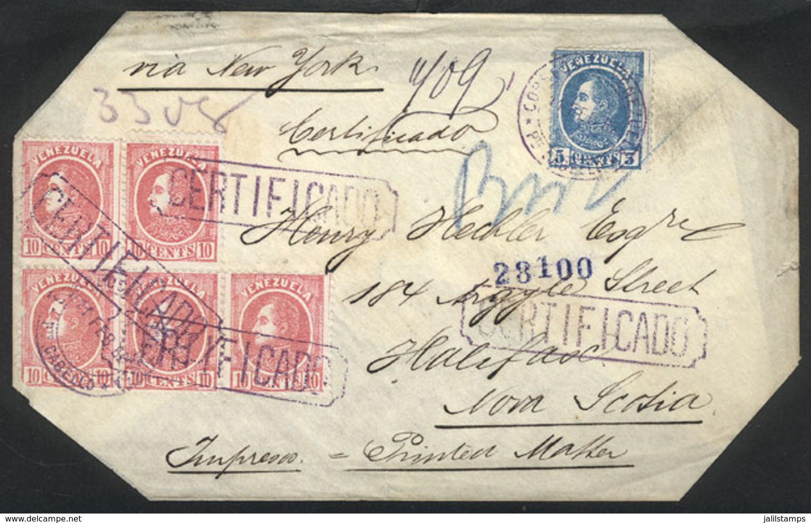 VENEZUELA: 11/FE/1882 Puerto Cabello - Halifax (Canada): Registered Printed Matter Cover Franked With Sc.68 + 69 Block O - Venezuela
