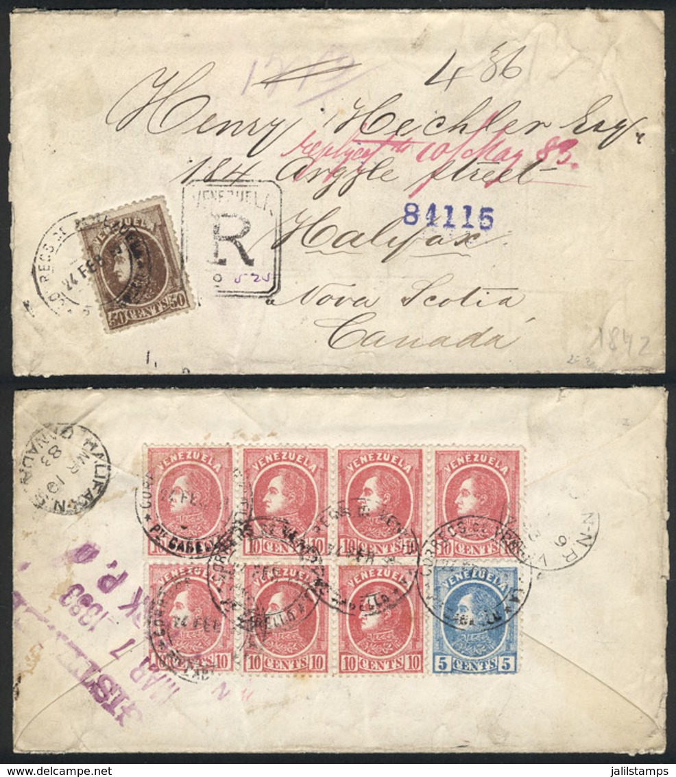 VENEZUELA: 4/FE/1883 Puerto Cabello - Halifax (Canada): Registered Cover Franked With Sc.68 + 69 Block Of 7 + 72a, Spect - Venezuela