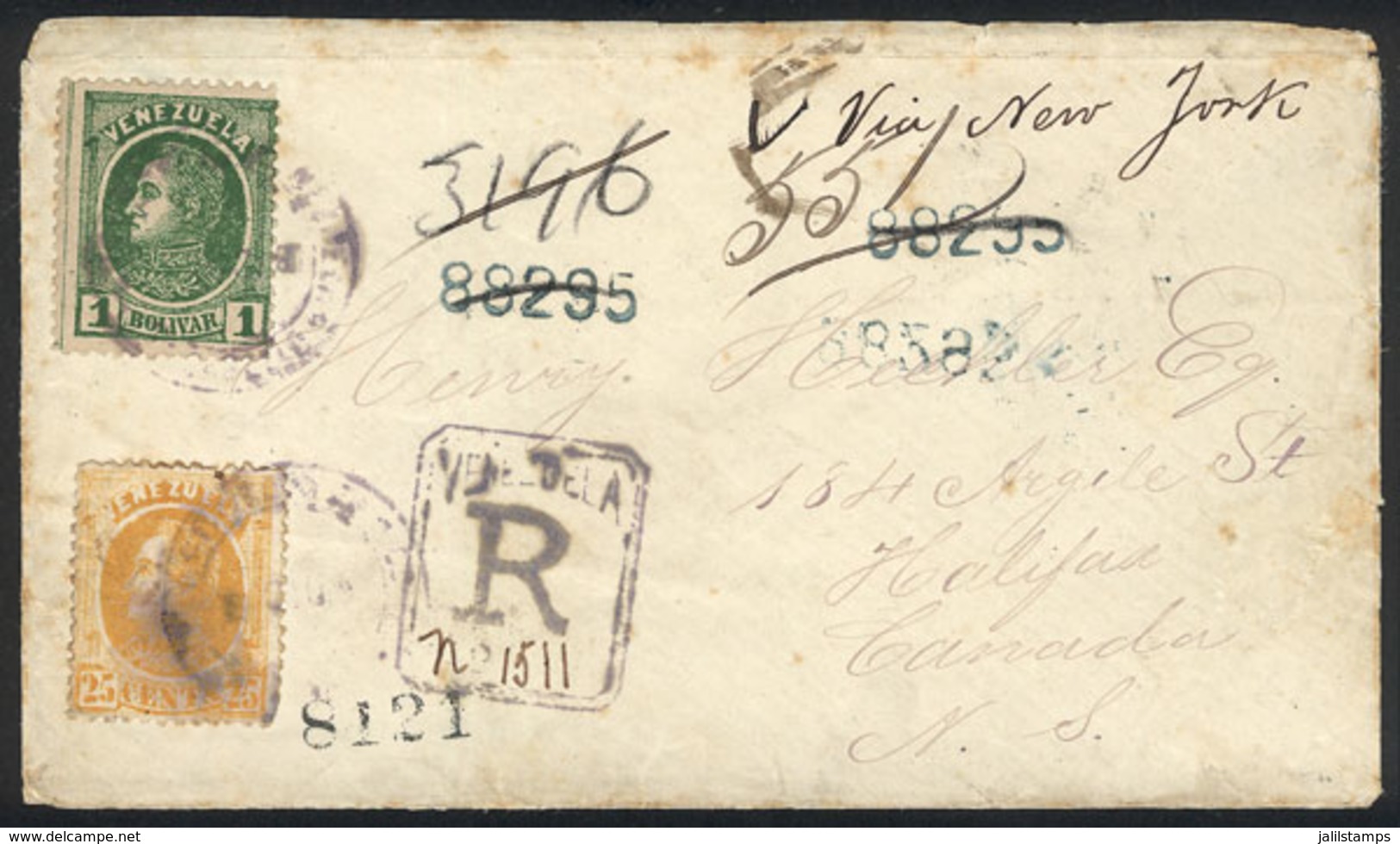 VENEZUELA: 2/DE/1884 Puerto Cabello - Halifax (Canada): Registered Cover Franked By Sc.71 + 73 (total Postage 1.25Bs.),  - Venezuela