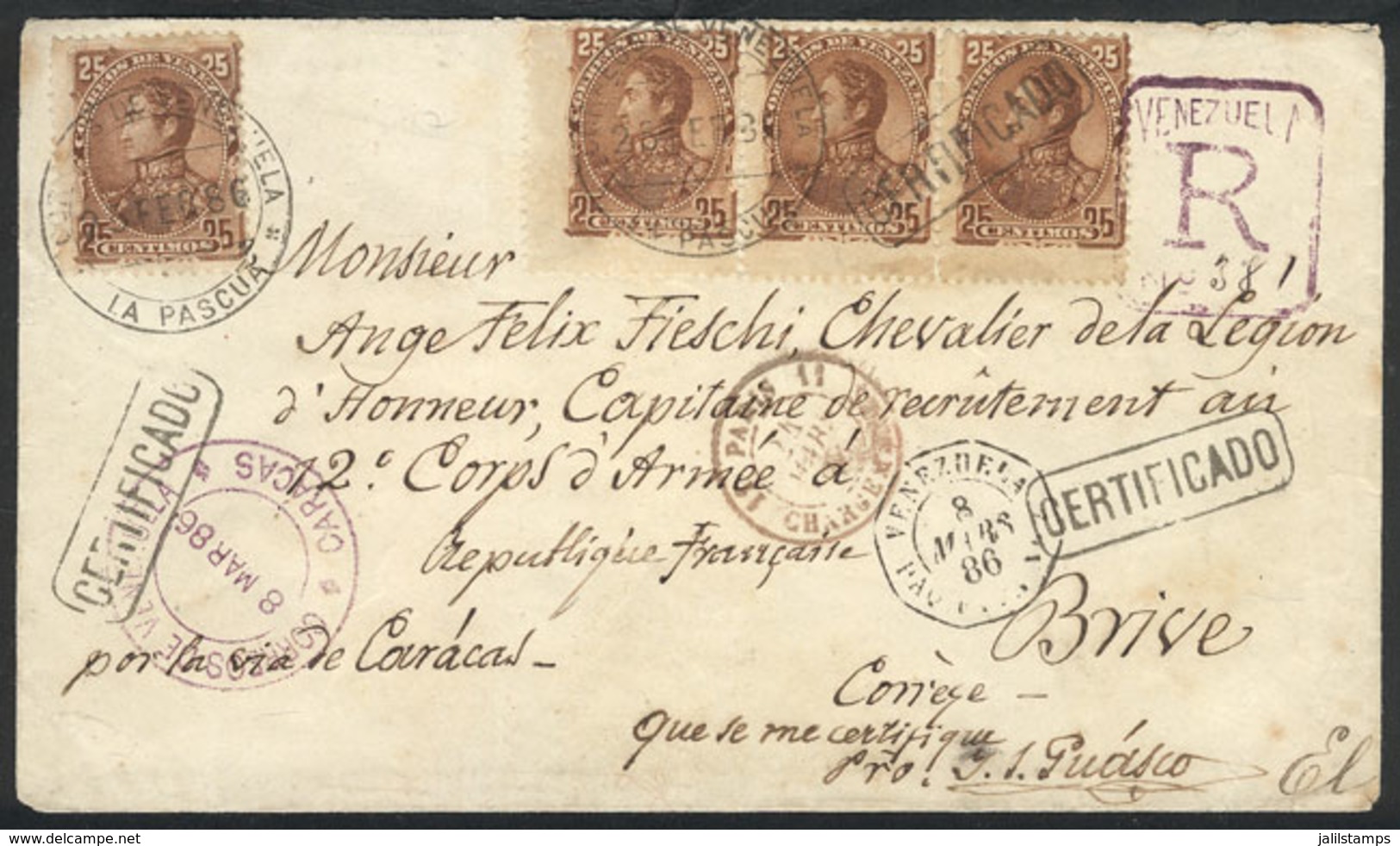 VENEZUELA: 25/FE/1886 La Pascua - France: Cover Franked By Sc.76 (strip Of 3 + 1, Total Postage 1B.), Many Markings, VF  - Venezuela