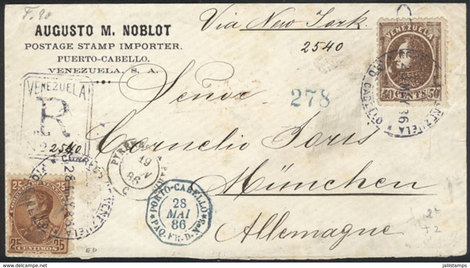 VENEZUELA: 28/MAY/1886 P.Cabello - Munchen (Germany): Registered Cover Franked By Sc.72 + 76, Via French Paquebot, VF Qu - Venezuela