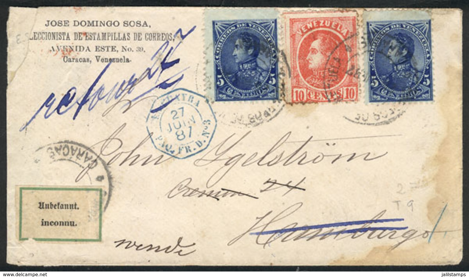 VENEZUELA: 27/JUN/1887 Caracas - Hamburg - Caracas: Cover RETURNED To Sender Franked By Sc.69 + 74 X2, By French Paquebo - Venezuela