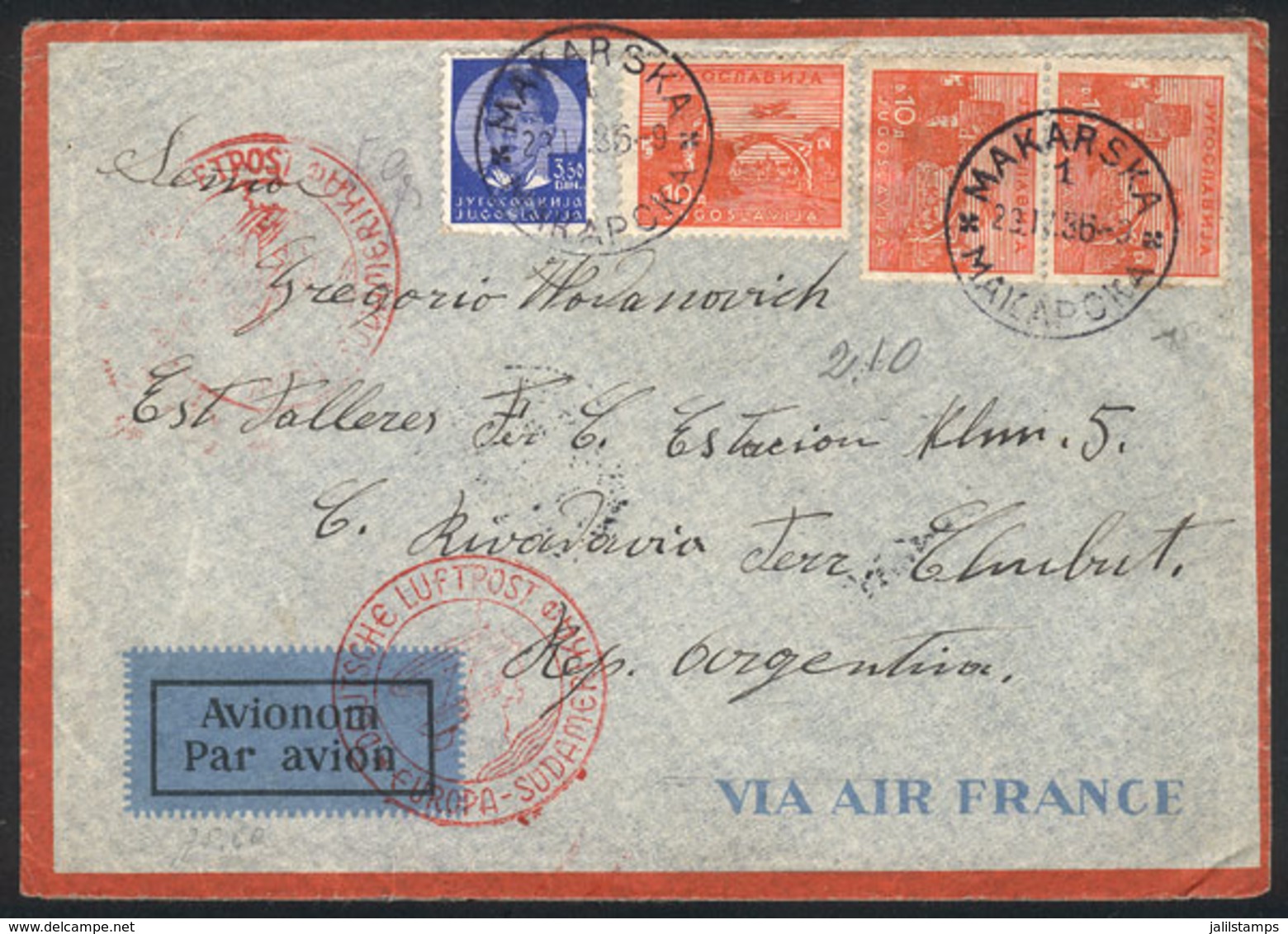 YUGOSLAVIA: 23/AP/1936 Makarska - Comodoro Rivadavia (Argentina), Interesting Airmail Cover Of VF Quality! - Otros & Sin Clasificación