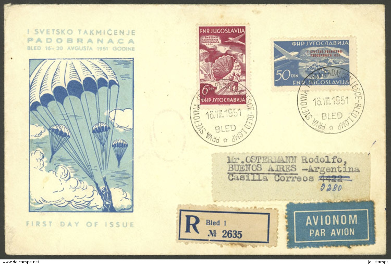 YUGOSLAVIA: 16/AU/1951 Registered Airmail Cover Sent To Argentina, Franked With The Set Yvert 45/46 (Parachuting Champio - Otros & Sin Clasificación