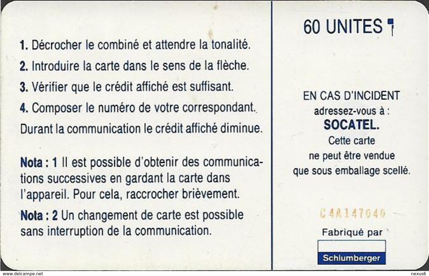 Central African Rep. - Socatel - Logo Blue, With Moreno, (Cn. C4A147040 Red), SC7, 60Units, Used - Zentralafrik. Rep.