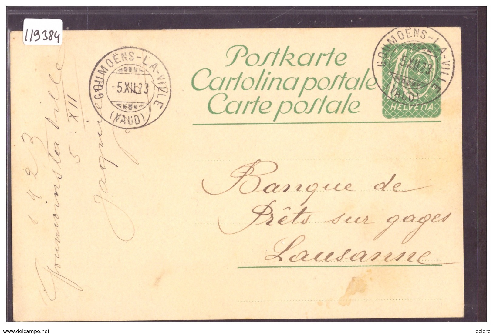 ENTIER POSTAL - GANZSACHE - CACHET " GOUMOËNS LA VILLE " - TB - Goumoëns