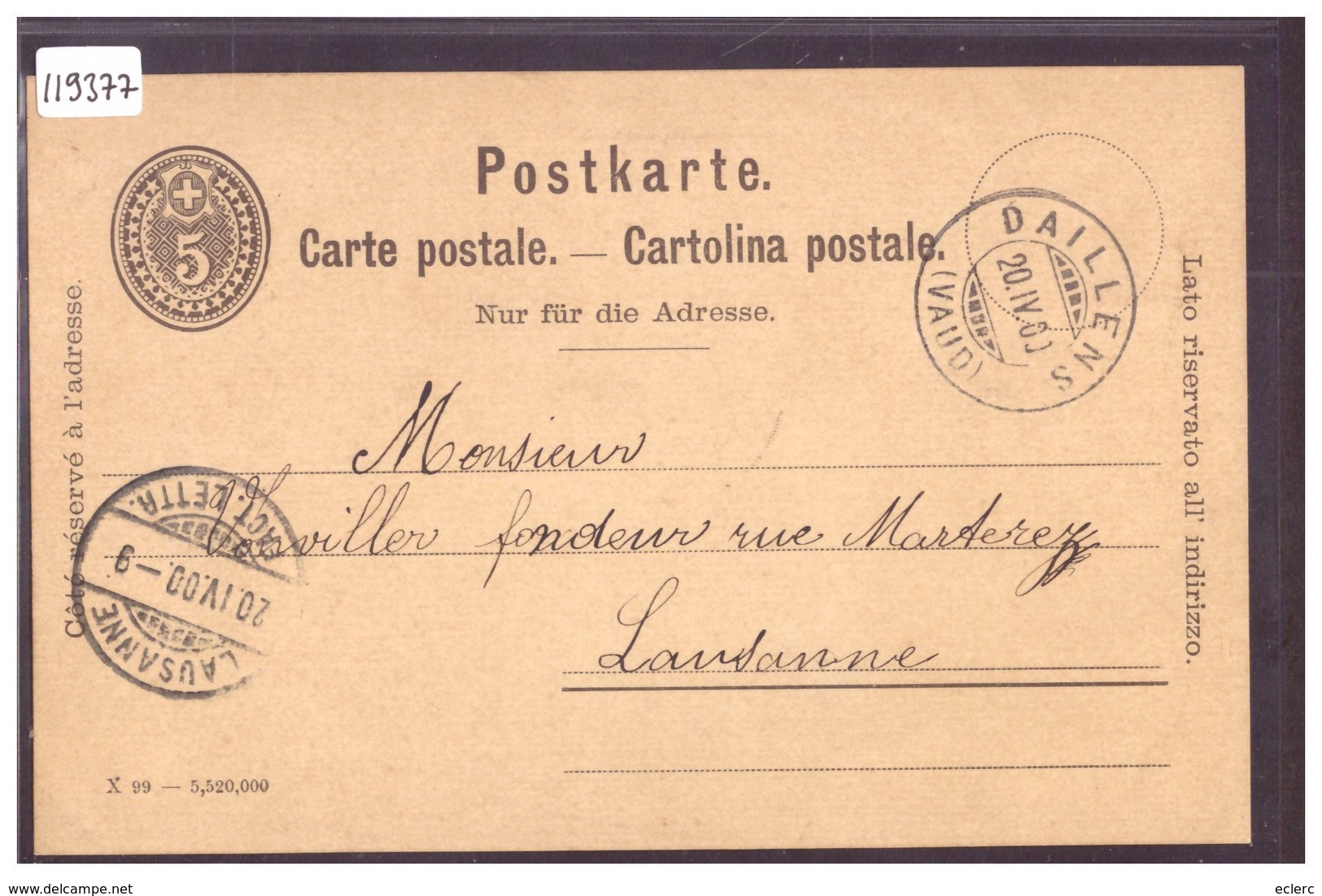 ENTIER POSTAL - GANZSACHE - CACHET " DAILLENS " - TB - Daillens