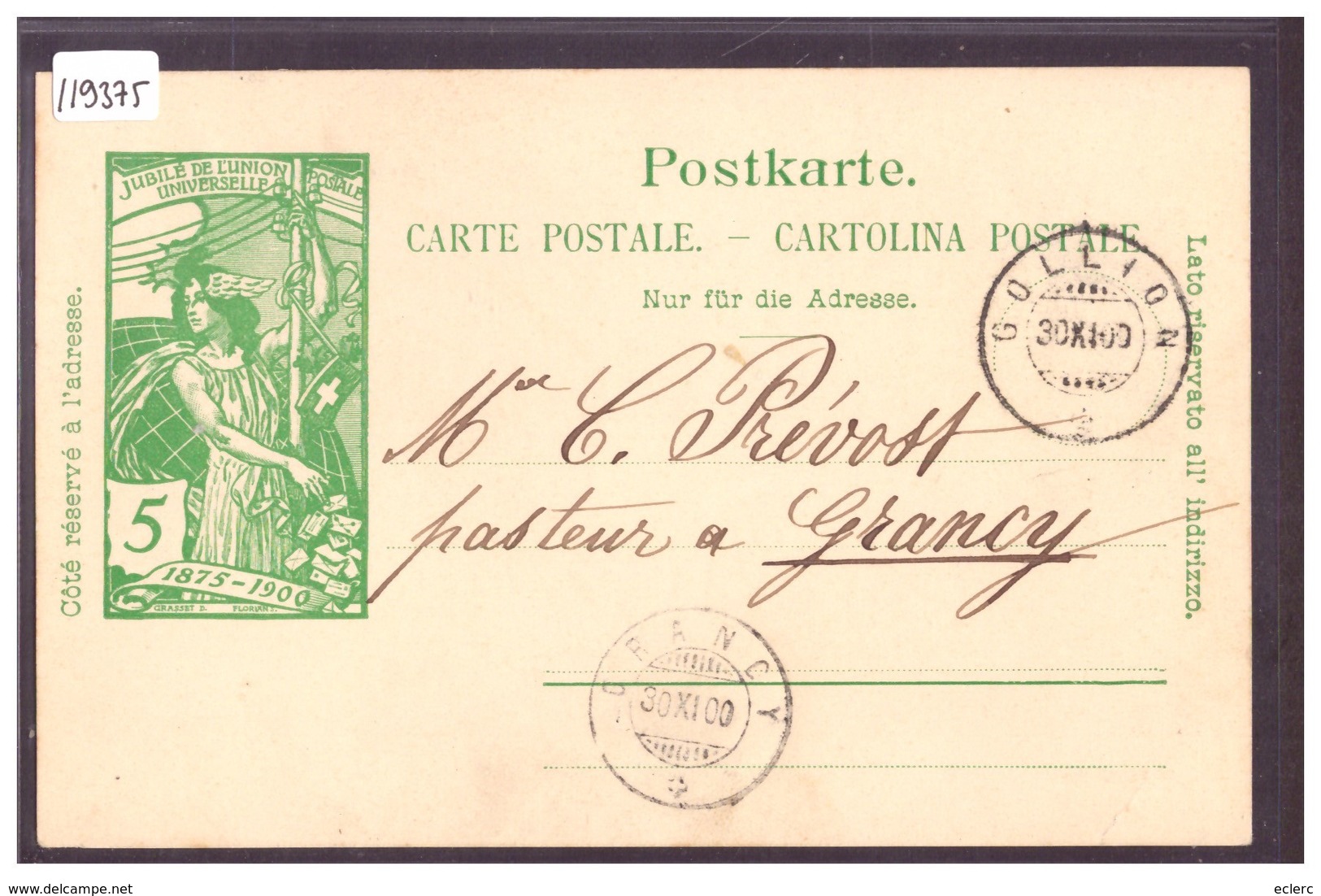 ENTIER POSTAL - GANZSACHE - CACHET " GOLLION " ET " GRANCY " - TB - Grancy