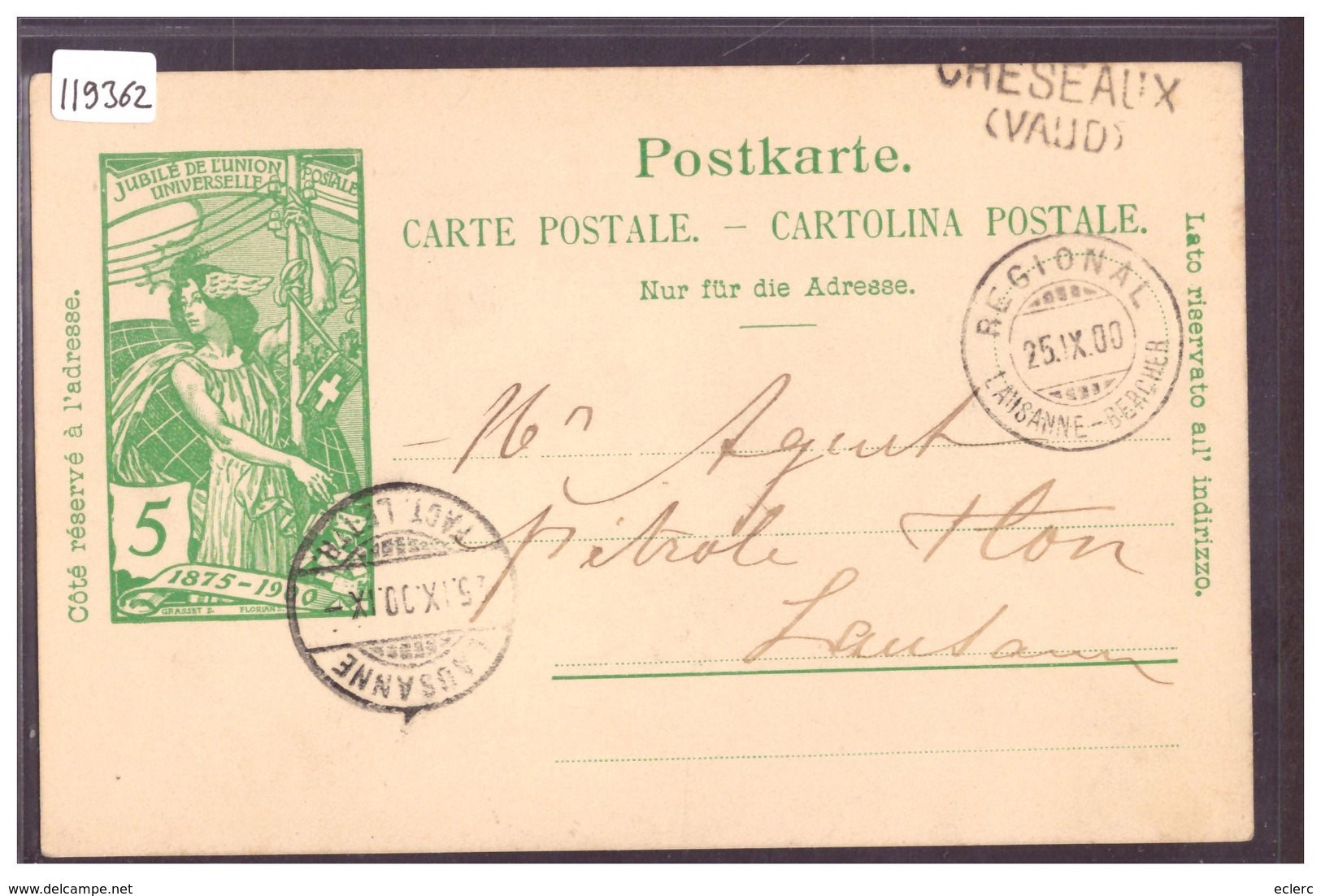 ENTIER POSTAL - GANZSACHE - CACHET LINEAIRE  " CHESEAUX VAUD " - TB - Sonstige & Ohne Zuordnung