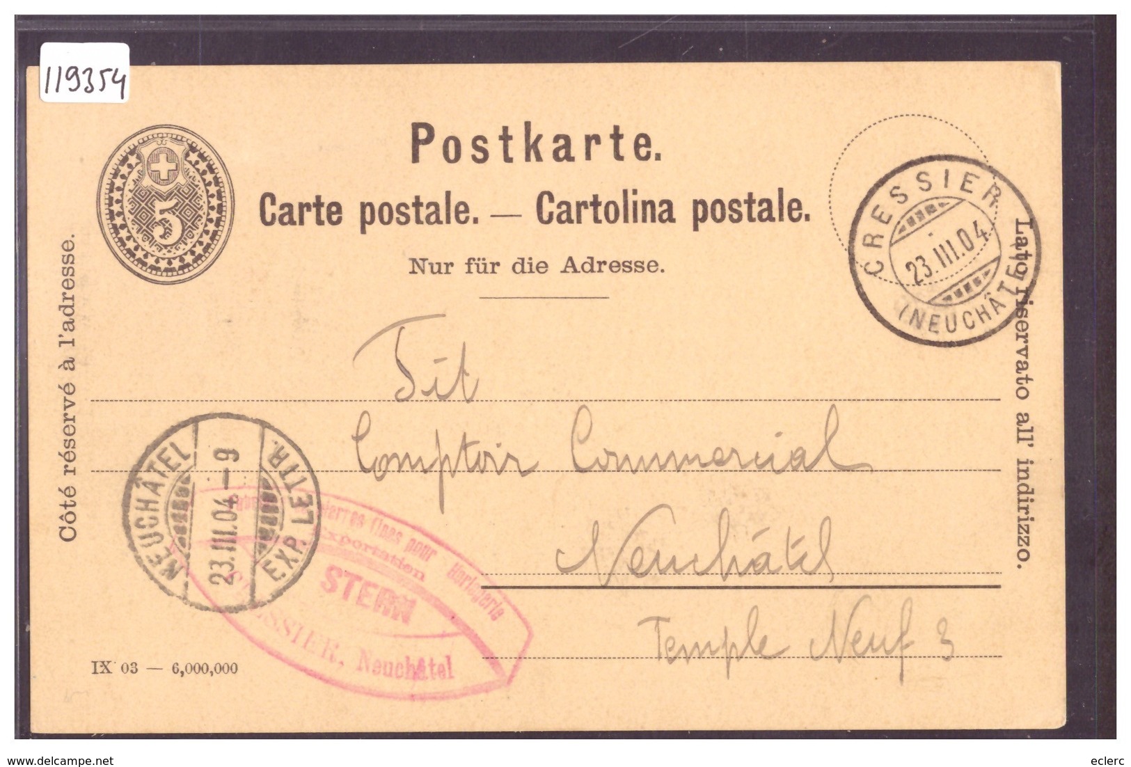 ENTIER POSTAL - GANZSACHE - CACHET  " CRESSIER " - TB - Cressier