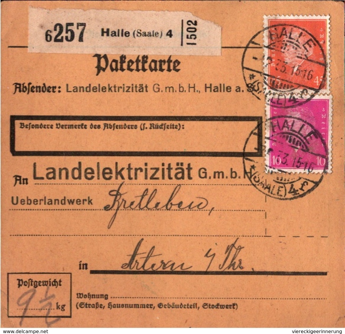 ! 1933 Paketkarte, Deutsches Reich, Halle / Saale 4, Landelektrizität Artern, Electricity, Electric Power - Briefe U. Dokumente