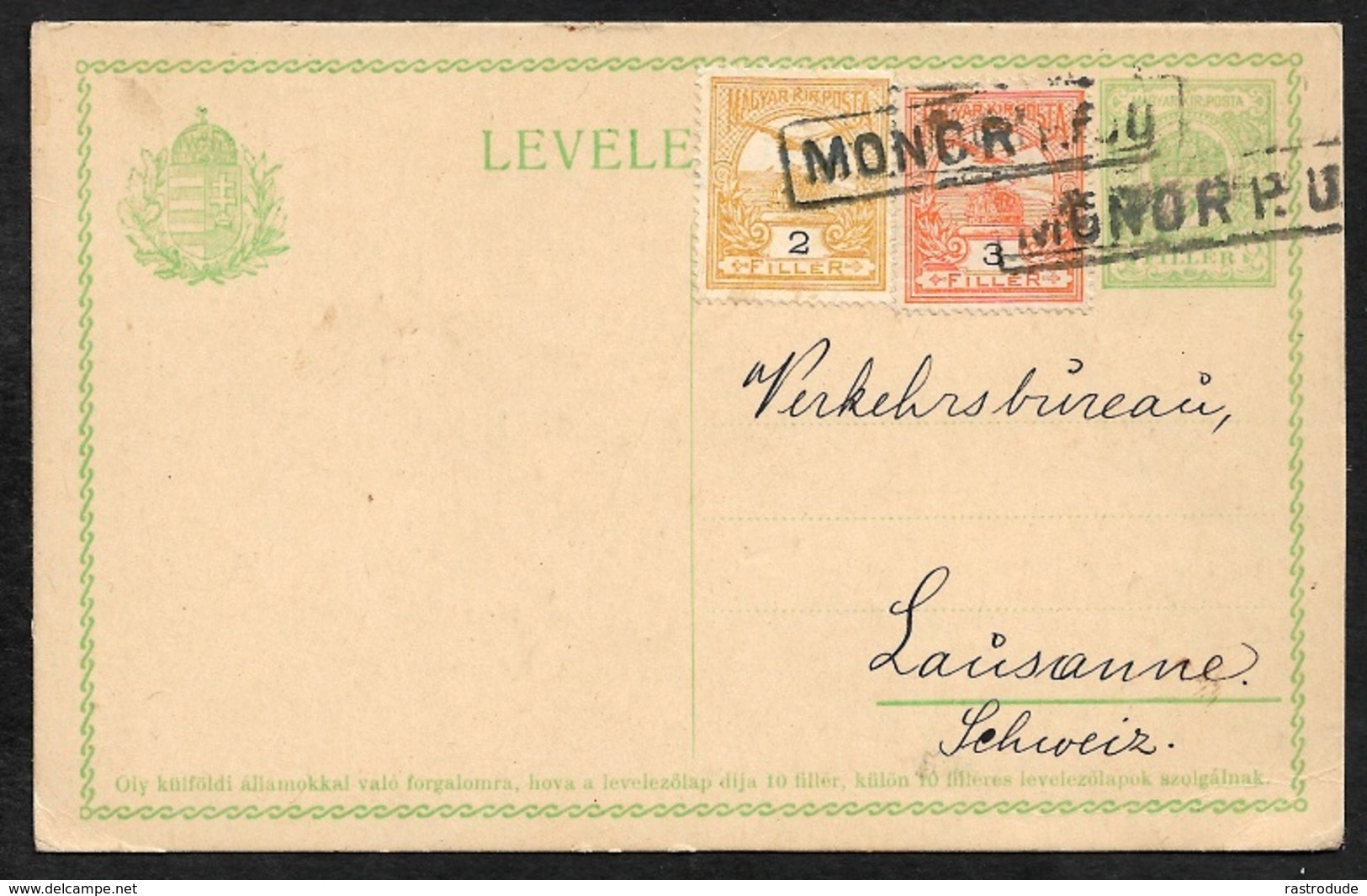 1912 UNGARN 5F GS Mi.P 34 + ZUSATZFRANKATUR 2F, 3F - Nach LAUSANNE, SCHWEIZ - L1 MONOR (2) - Postal Stationery