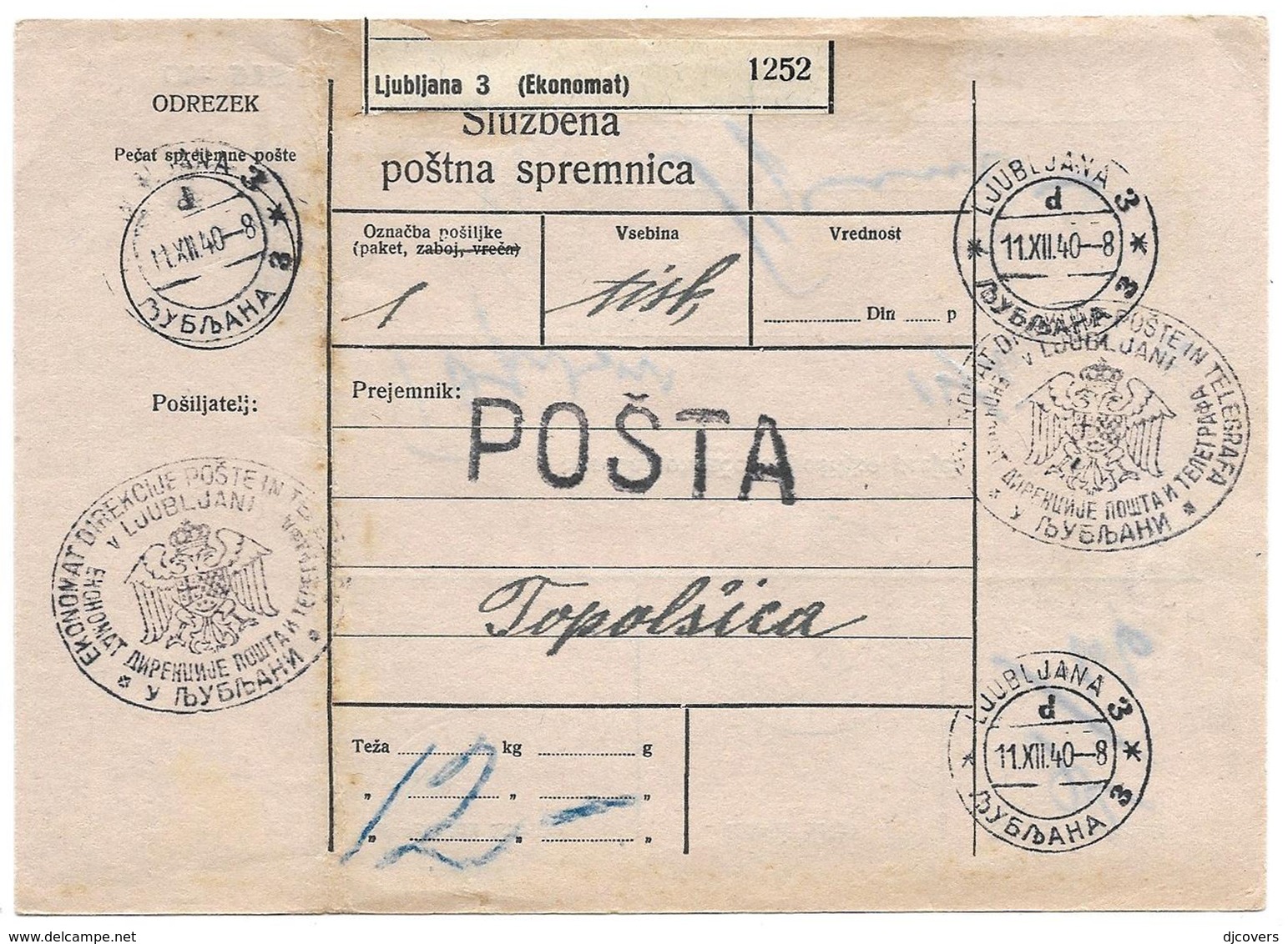 Yugoslavia Slovenia 1940 Ljubljana Official Postal Parcel Card - Covers & Documents