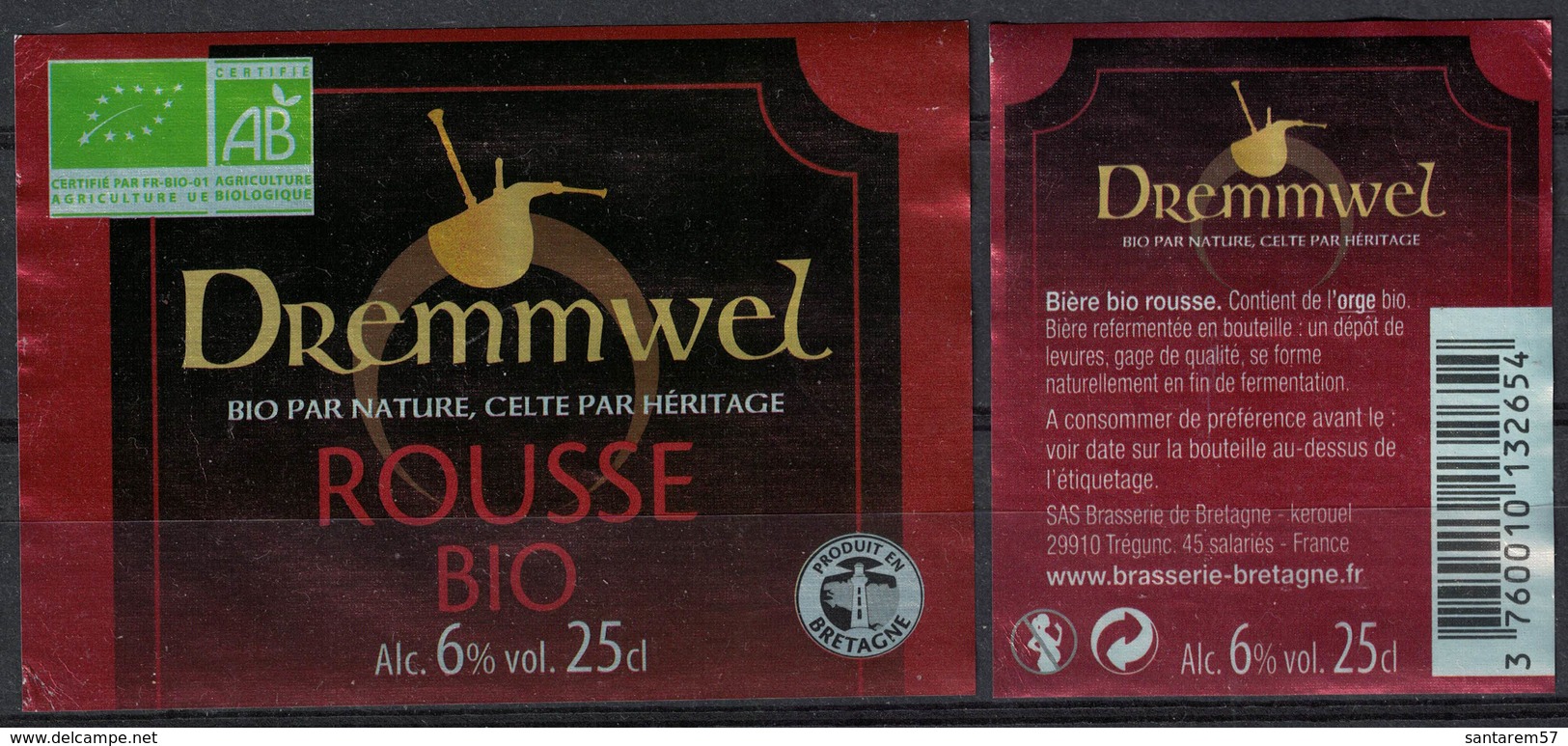 France Lot 2 Étiquettes Bière Beer Labels Dremmwel Rousse Bio Par Nature Celte Par Héritage - Beer