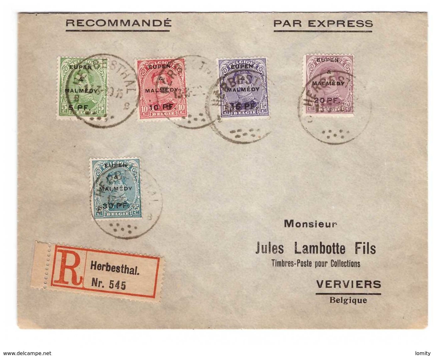 Belgique Eupen Malmedy 1920 Lettre Recommandée Herbesthal Pli Recommandé Par Express Pour Verviers - OC55/105 Eupen & Malmédy